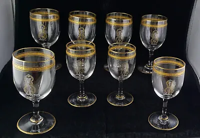 8 Antique Crystal Wine Glasses 2 Sizes Monogram Gold Encrusted Band • $74.99