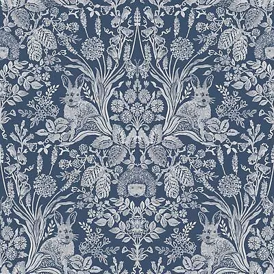 Harlen Woodland Animals Flowers Damask World Of Wallpaper - Navy Blue WOW046 • £15.99