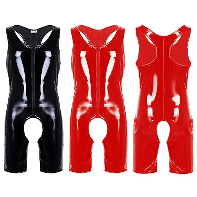 Men Jumpsuit Wet Look Leather Front Zipper Crotchless Bodysuit Catsuit Club Wear • £8.39