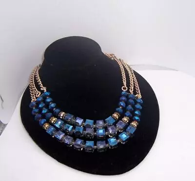 Blue Glass Iridescent Mirror 3 Strand Bead Gold Tone Necklace Beautiful • $84.50