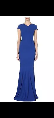 $899 • Buy Authentic Roland Mouret Formal Blue Valey V-neck Cap Sleeve Gown Dress $2,980