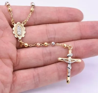 $692.49 • Buy 4mm Tri-Color Diamond Cut Cross Rosary Crucifix Necklace Real 10K Tri Color Gold