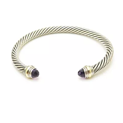 David Yurman 5mm Cable 14k Gold Sterling Silver Amethyst Cuff Bangle Bracelet • $285