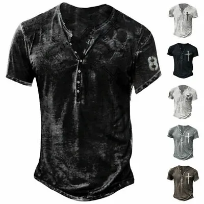 £12.99 • Buy Mens Short Sleeve Cross Tops Casual Baggy V Neck Vintage Shirts Button T-shirt T