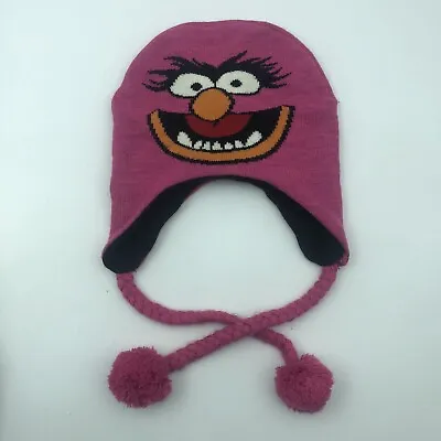 The Muppets Pink Knit Hat Fleece Lined Ear Flap Braided Ties Animal Eyes Cap • $10.49