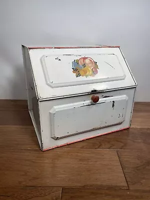 $85 • Buy Vintage Art Deco Bread Box Double Decker Tin Metal White Floral Bin Keeper