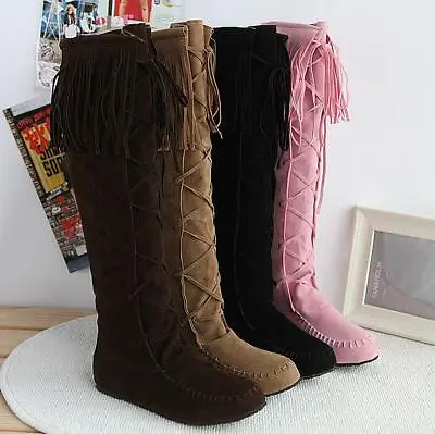 Womens Tassel Faux Suede Lace Up Moccasins Knee High Flat Boot Shoes  • $52.15