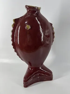 Glazed Pottery Fish Vase 13” Burgundy Tan • $29.80