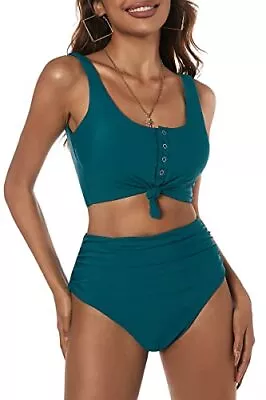 ZAFUL Womens Knotted Front Tankini High Waisted Two Piece Swimsuit (Blue M) • £11.39