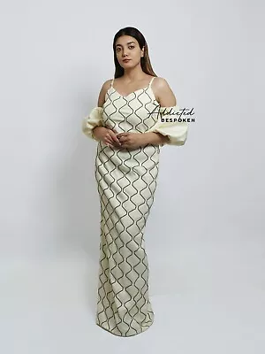 Women Custom Made Ivory Satin Gown Embroidered Dress Wedding Cocktail Attire • $430.02
