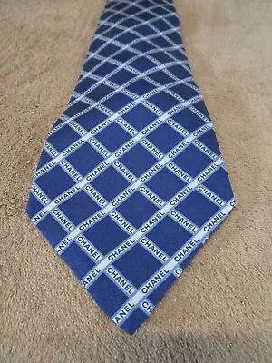 Chanel Paris Men Tie Navy Blue Logo Plaid Check Woven Knit Silk • $49.49