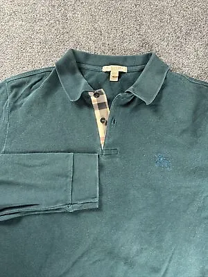 Burberry London Pique Polo Shirt Men S Green Nova Check Brit Plaid Long Sleeve • $48.95