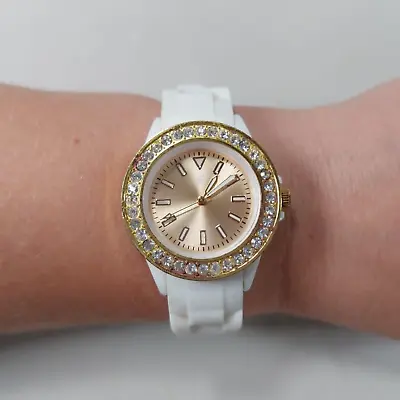 Ladies Watch Gemmed Gold Tone Dial White Silicone Strap Quartz Bling Working • £7.95