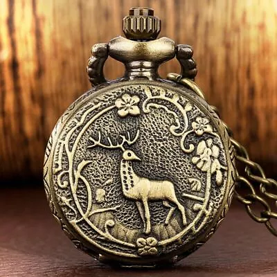 Steampunk 3D Elk Deer Pattern Men Women Quartz Pocket Watch Sweater Necklace • $4.59