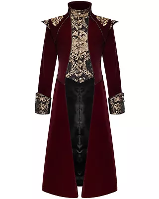 Devil Fashion Mens Long Gothic Coat Jacket Red Velvet Black Gold Damask Regency • £124.99