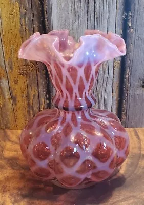 Fenton Cranberry Optic Lattice Beaded Melon Vase Vintage Ca 1990s 8  STUNNING  • $89.99