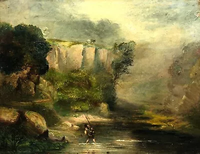 C18th Antique Canvas Oil Painting  Fishing Grimbald Crag Knaresborough Landscape • £241