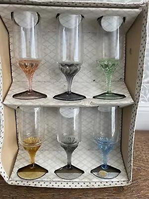 Vintage Set Of 6 Bohemian Glass Coloured Stem Sherry / Liquor Glasses • £22