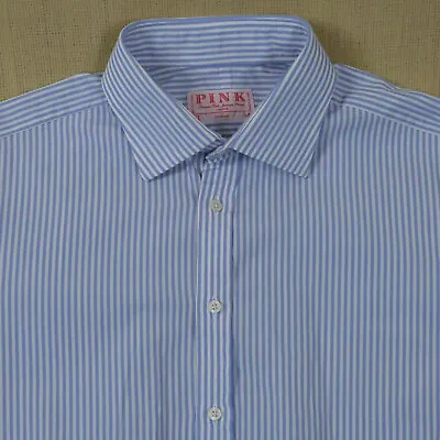Vintage Thomas Pink Shirt Size 17  Collar Double French Cuff Blue Striped Cotton • £14.95