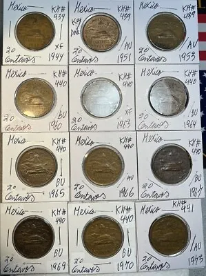 1944 - 1973 Mexico 20 Centavos High Grades XF - BU 12 Coin Lot W/ Key Date • $49.99