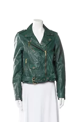 Michael Kors Leather Biker Moto Jacket Womens Size Large L Green Crinkle EUC • $165