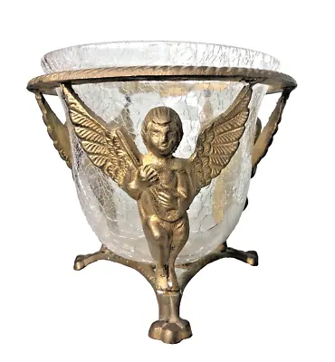 Vtg 3-Footed Brass Cherub Angel Crackle Glass Votive Candle Potpourri Holder • $24.99