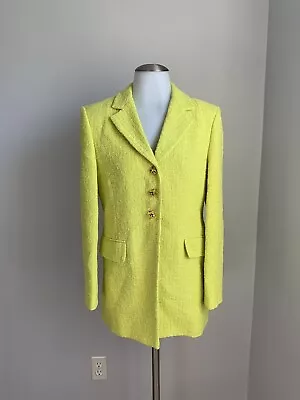 Women’s ZARA Neon Green Textured Weave Blazer Jacket Collared Gold Buttons Small • £113.99