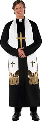 Men`s Priest Costume Adult Vicar Minister Exorcist Robe + Sash Collar Halloween • $32.95