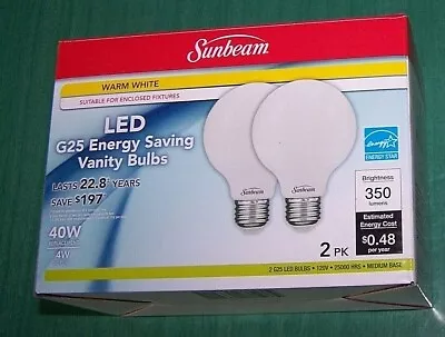 Pack Of 2 SUNBEAM LED G25 ENERGY SAVING VANITY BULBS 40 Watt (Actual 4) NIP! • $10.99