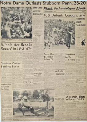 Vintage 1953 TCU Vs Washington State / NOTRE DAME Vs PSU LARGE Newspaper Page • $14.97