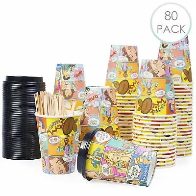 80 Disposable Insulated Strong Paper Coffee Cups Printed Design Lids Hot & Cold • £22.99
