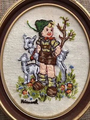 Vintage Framed Handmade Picture Hummel Boy Sheep Finished Embroidered 11X 9” • $18.97