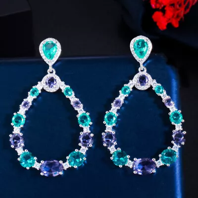 Brazilian Yellow Gold Plated Purple Blue CZ Round Dangle Drop Earrings For Women • $9.44