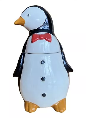 ~Scarce~ CUTE Vintage Ceramic Penguin Cookie Jar With Red Bow Tie ~L👀K~ • $36