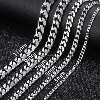 16-36  Stainless Steel Silver Chain Cuban Curb Womens Mens Necklace 3/5/7/9/11mm • $7.97