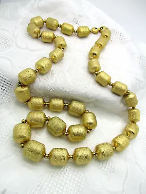 Vintage Jewerly Signed Monet Etched Satin Gold Tone Metal Barrel Bead Necklace • $28