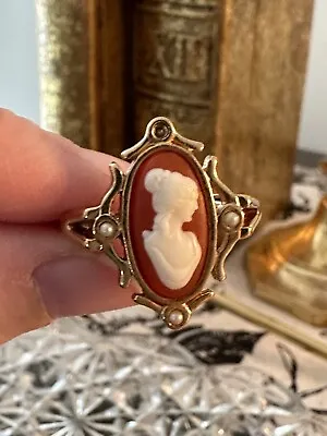 Vintage 1970’s Avon Victorian Woman Gold Tone Faux Pearl Cameo Ring Adjustable • $16