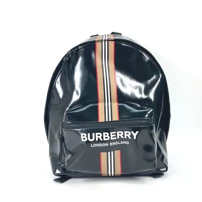 BURBERRY 8030015 Logo Stripe Check Backpack Coating Canvas Black/Beige • $968