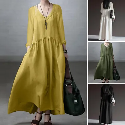 Women Casual Loose Side Pocket Maxi Dresses Long Sleeve Solid Cotton Shirt Dress • £19.89