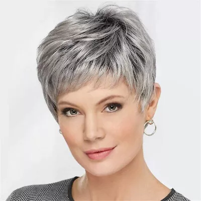 Womens Boy Cut Short Pixie Wig Ombre Silver Grey Hair Ladies Synthetic Full Wig • $15.98