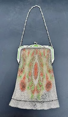 Whiting & Davis Antique Silver Green Orange Tan Enamel Mesh Bag Purse Art Deco • $49.99