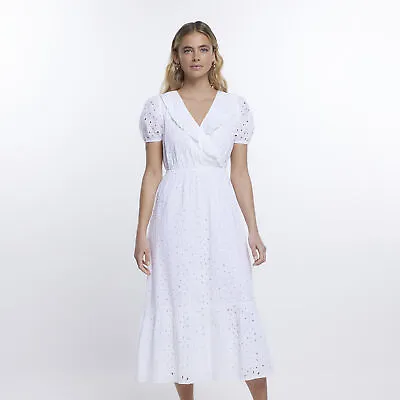 River Island Womens Wrap Midi Dress White Brodeire V-Neck Short Puff Sleeve • £19.50