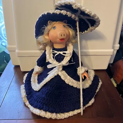 Vintage Blonde Haired Vinyl Miss Piggy Doll With Crocheted Dress And Hat-12  • $15