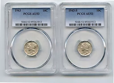 1943/1943-S Silver Mercury Dimes (AU53) PCGS 2 Coins • $10.50