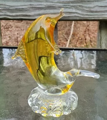 VINTAGE Murano Style Hand Blown Art Glass Dolphin Yellow Paperweight Figurine • $20