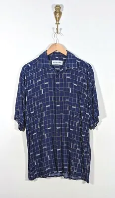 Vgc 90's Vintage Wavey Shirt Crazy Pattern Check Shirt Short Sleeve Blue Gold • £18