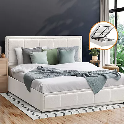 Oikiture Bed Frame Queen Size Gas Lift Storage Bed Platform Boucle White • $329.90