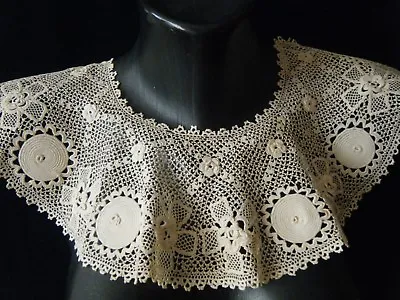 Antique Collar Irish Clones Crochet Lace Large Dimensional Disk Flowers • $79.99