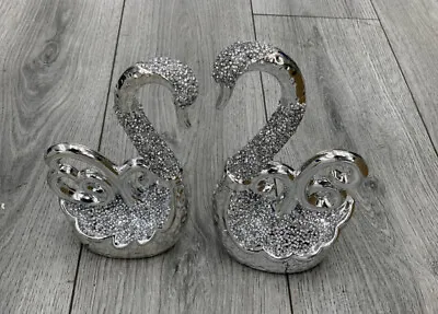 £21.99 • Buy Sparkly Ceramic Romany Silver Crushed Diamond SWAN Pair Ornament Gift Pack💎✨