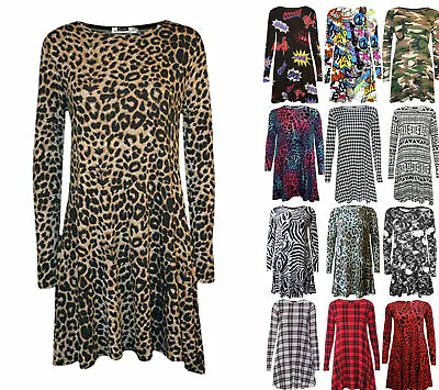 £11.45 • Buy Women Ladies Long Sleeve Swing Dress Flared A Line Skater Dress Top Size 8-26
